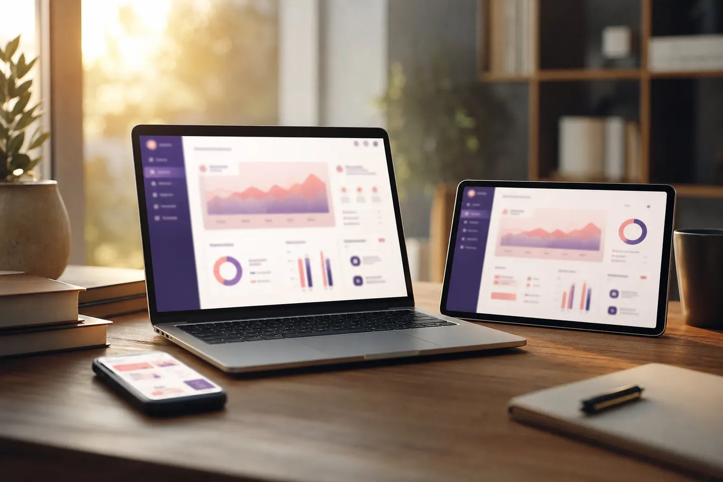Laptop, tablet and phone showing the same EduPlatform experience