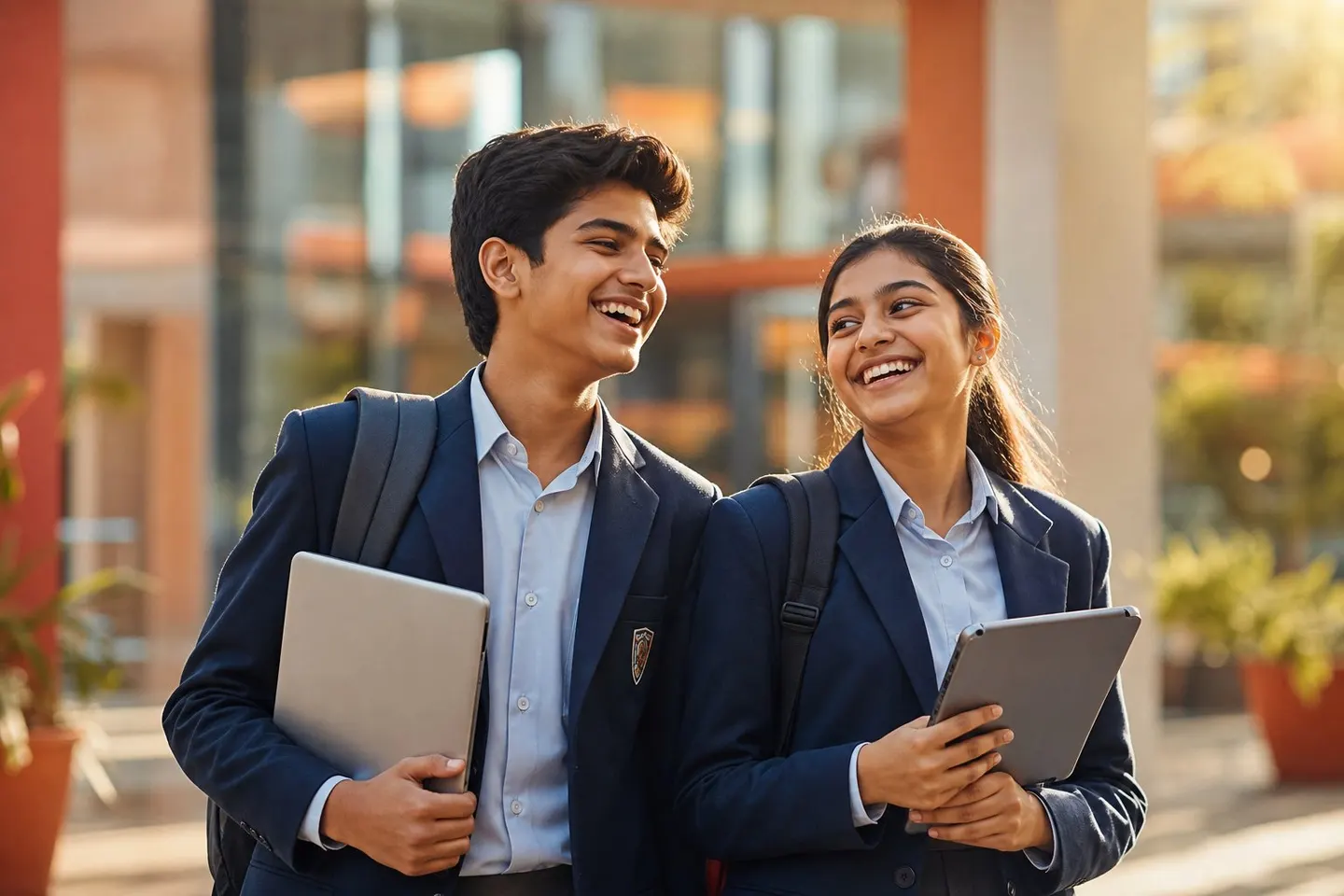Students using EduPlatform on laptop and tablet on campus