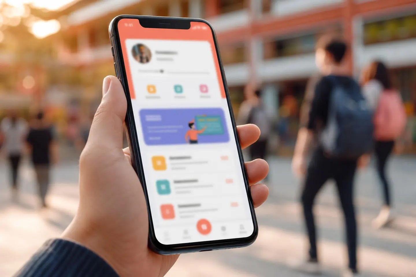 Hand holding the EduTrack mobile app on campus